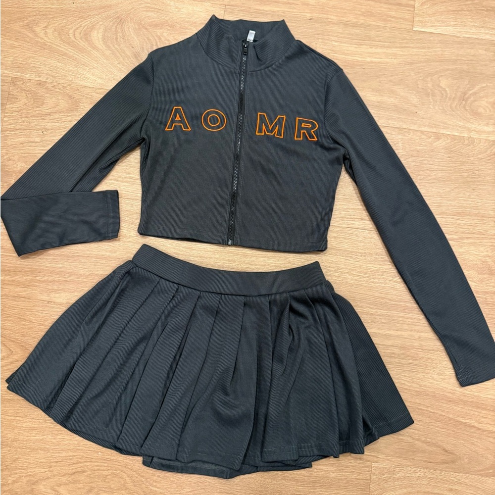 Chic Black Jacket and Skirt Set with Orange Letters